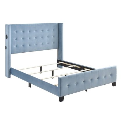 Queen Bed W/ Tufted And W/ Speaker & Usb/Type C, Blue Velvet