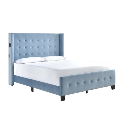 Queen Bed W/ Tufted And W/ Speaker & Usb/Type C, Blue Velvet