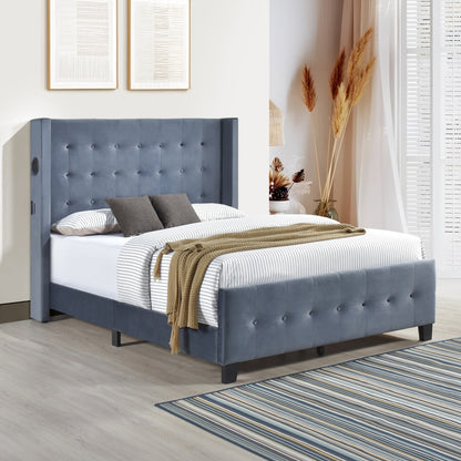 King Bed W/ Tufted And W/ Speaker & Usb/Type C, Dark Gray Velvet