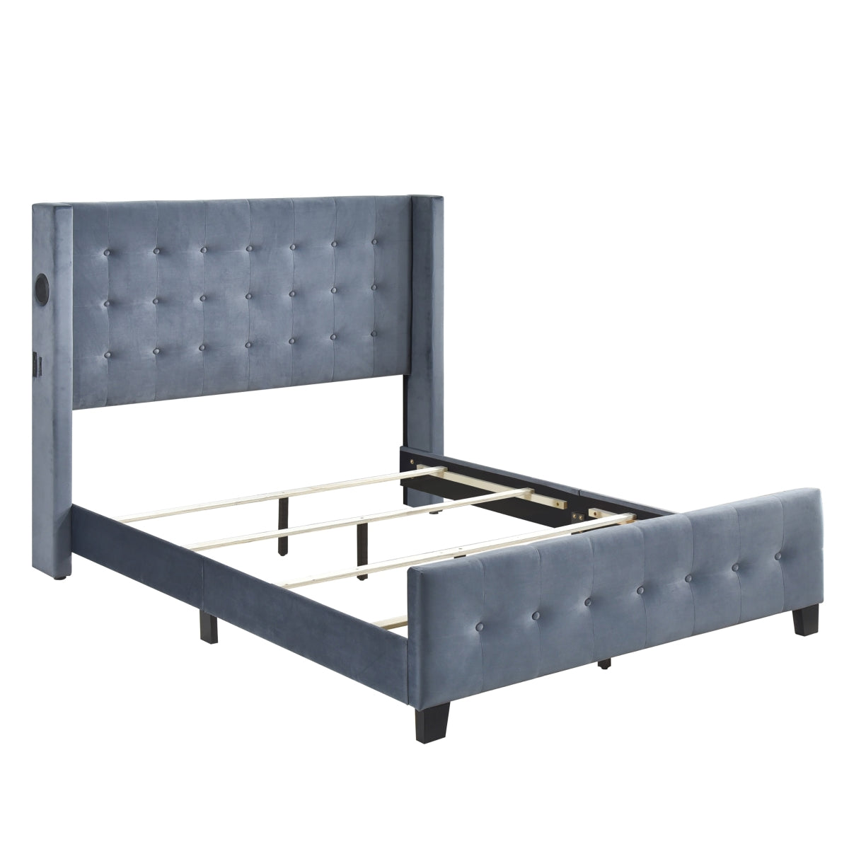 King Bed W/ Tufted And W/ Speaker & Usb/Type C, Dark Gray Velvet