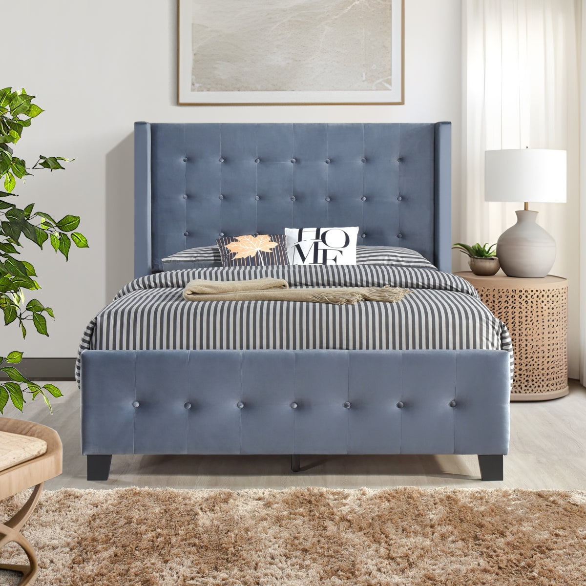 King Bed W/ Tufted And W/ Speaker & Usb/Type C, Dark Gray Velvet