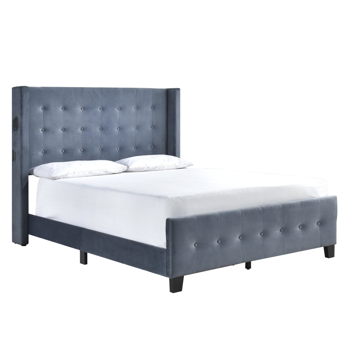 King Bed W/ Tufted And W/ Speaker & Usb/Type C, Dark Gray Velvet
