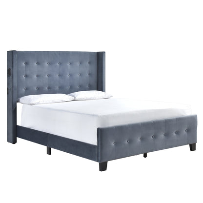 King Bed W/ Tufted And W/ Speaker & Usb/Type C, Dark Gray Velvet