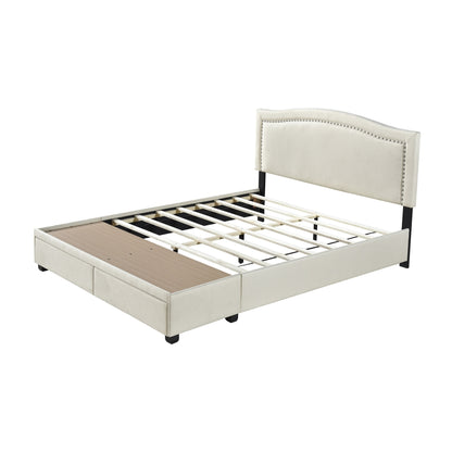 Queen Bed W/ Fb Storage, Nailhead, 8 Slats & 3 Support Legs, Beige