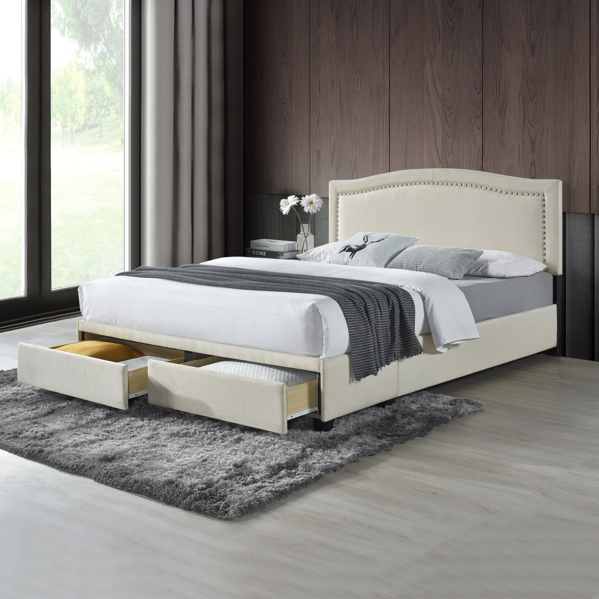 Queen Bed W/ Fb Storage, Nailhead, 8 Slats & 3 Support Legs, Beige