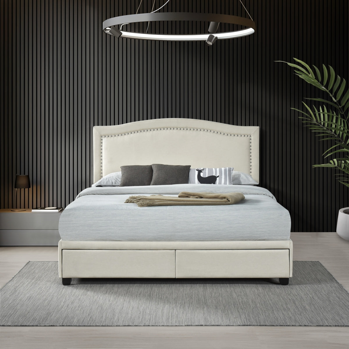 Queen Bed W/ Fb Storage, Nailhead, 8 Slats & 3 Support Legs, Beige