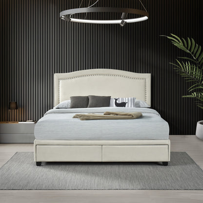 Queen Bed W/ Fb Storage, Nailhead, 8 Slats & 3 Support Legs, Beige