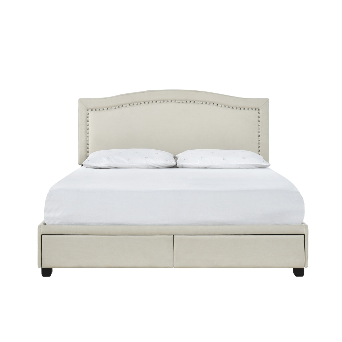 Queen Bed W/ Fb Storage, Nailhead, 8 Slats & 3 Support Legs, Beige