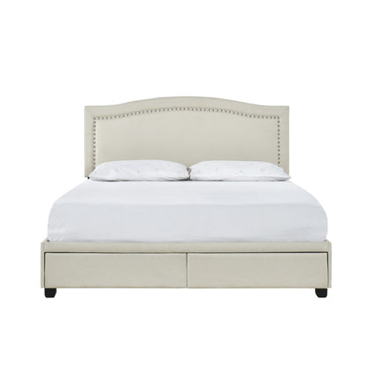 Queen Bed W/ Fb Storage, Nailhead, 8 Slats & 3 Support Legs, Beige