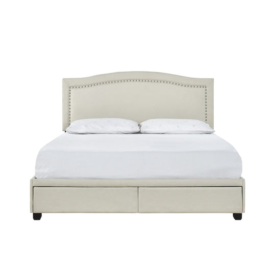 Queen Bed W/ Fb Storage, Nailhead, 8 Slats & 3 Support Legs, Beige