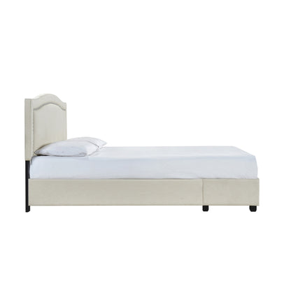 Queen Bed W/ Fb Storage, Nailhead, 8 Slats & 3 Support Legs, Beige