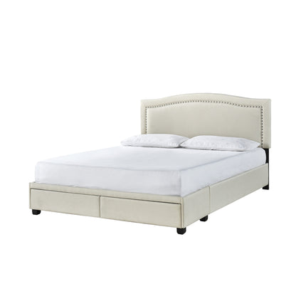 Queen Bed W/ Fb Storage, Nailhead, 8 Slats & 3 Support Legs, Beige