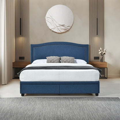 King Bed W/Fb Storage, Nailhead, 8 Slats & 6 Support Legs, Blue