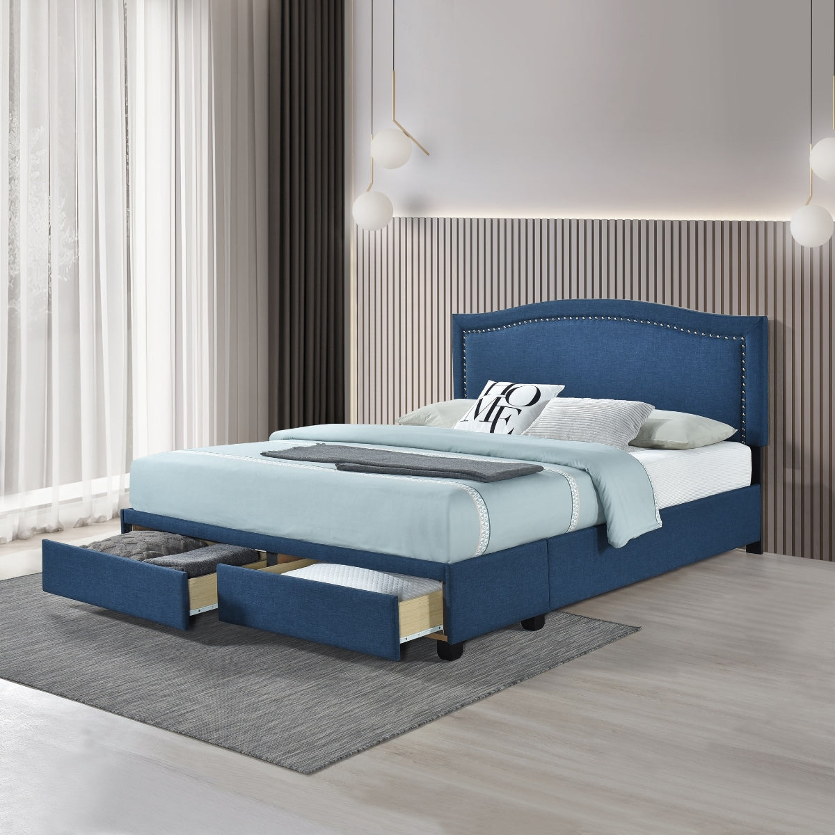 Queen Bed W/Fb Storage, Nailhead, 8 Slats & 3 Support Legs, Blue