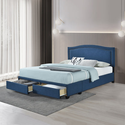 Queen Bed W/Fb Storage, Nailhead, 8 Slats & 3 Support Legs, Blue