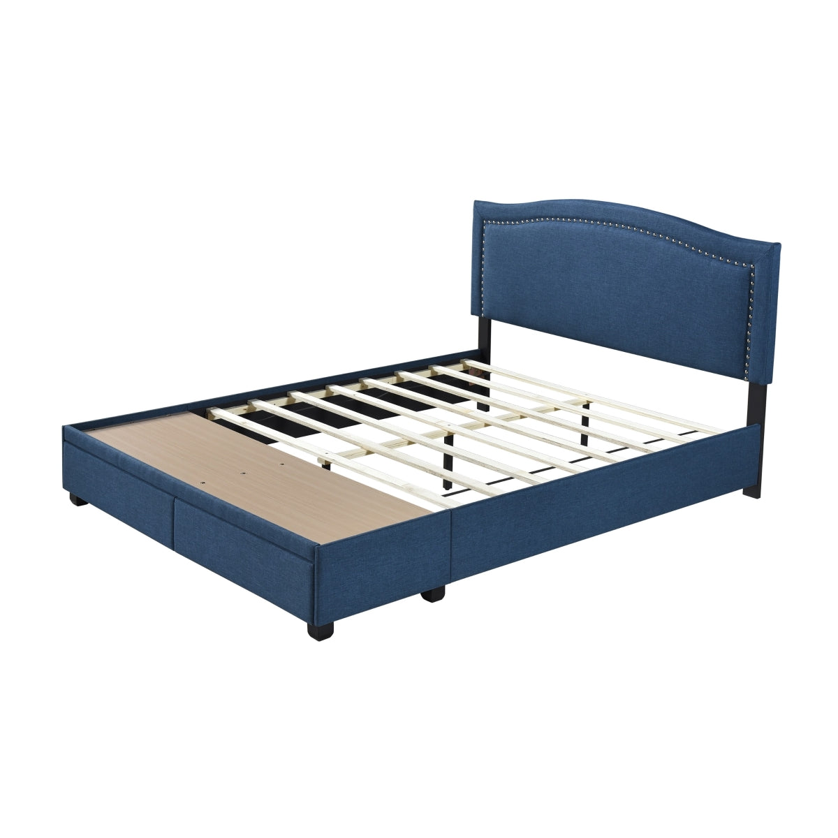 Queen Bed W/Fb Storage, Nailhead, 8 Slats & 3 Support Legs, Blue