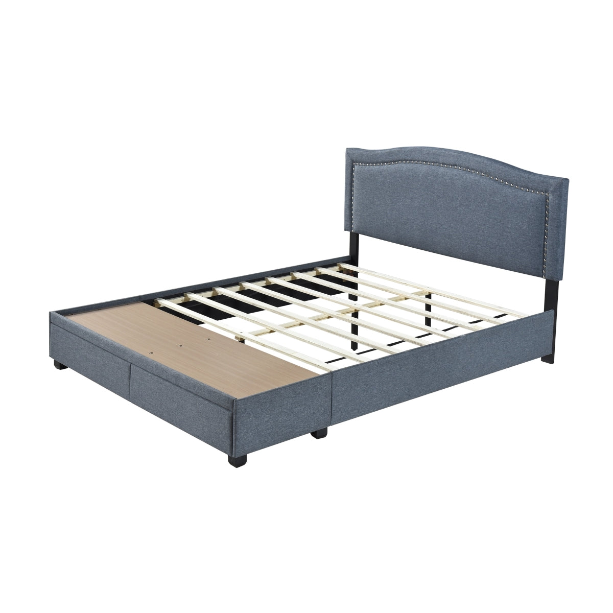 King Bed W/Fb Storage, Nailhead, 8 Slats & 6 Support Legs, Dark Gray