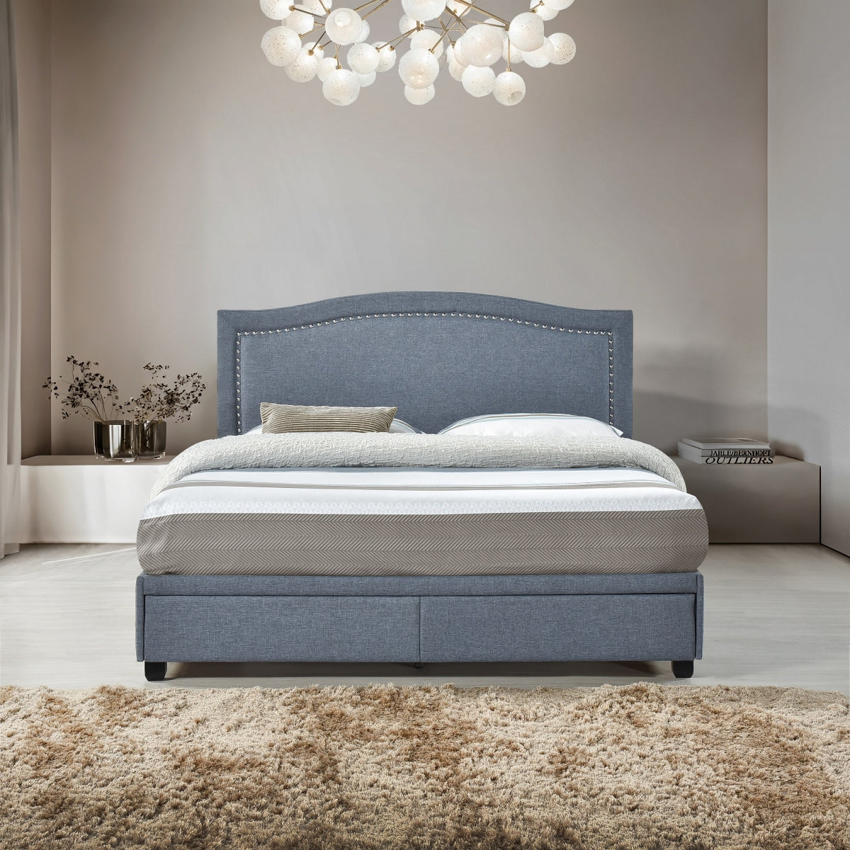 King Bed W/Fb Storage, Nailhead, 8 Slats & 6 Support Legs, Dark Gray