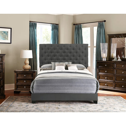 Queen Bed W/Dark Grey Fabric W/4 Slat + 8 S.Leg