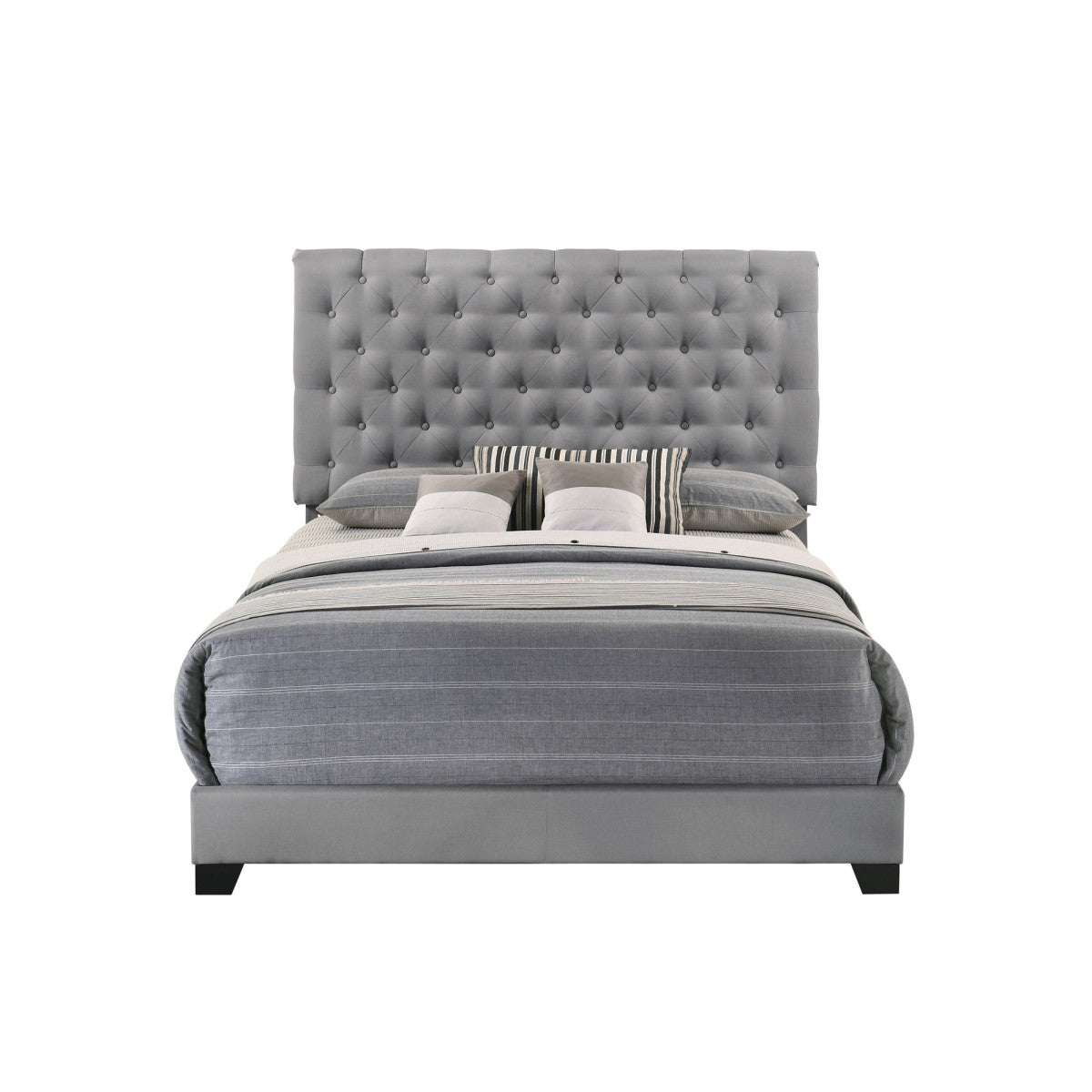Queen Bed W/Dark Grey Fabric W/4 Slat + 8 S.Leg
