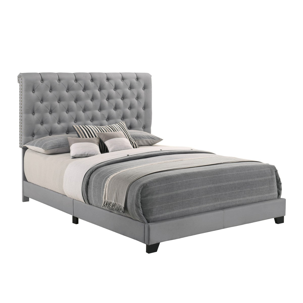 Queen Bed W/Dark Grey Fabric W/4 Slat + 8 S.Leg