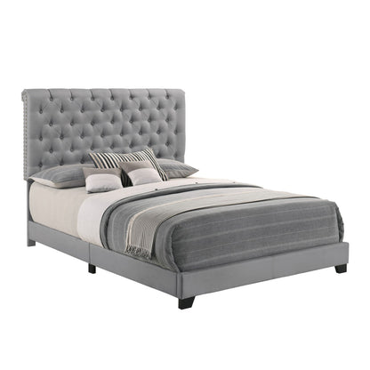 Queen Bed W/Dark Grey Fabric W/4 Slat + 8 S.Leg