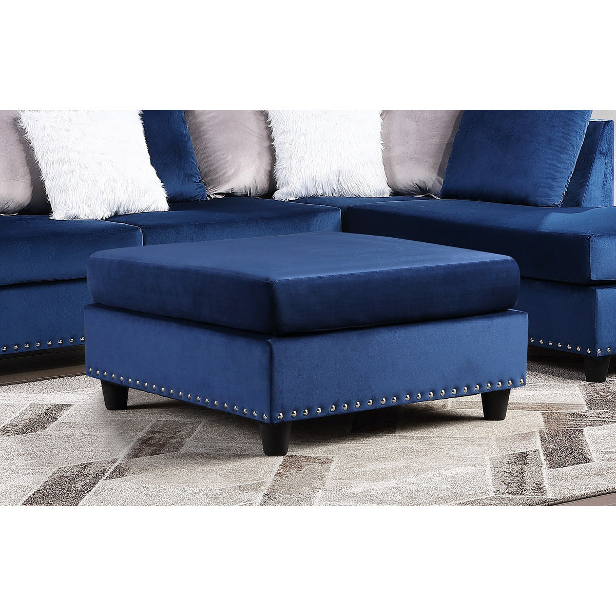 Ottoman, Blue Velvet W/Nailheads