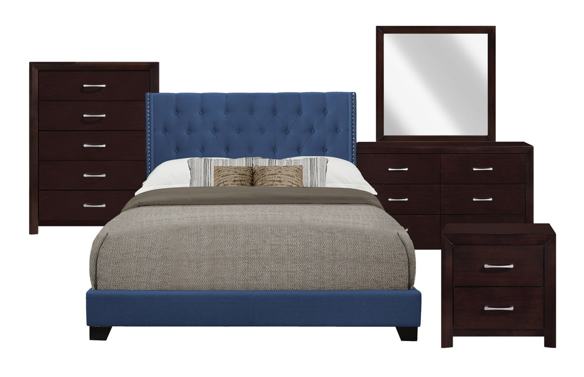 Queen Bed W/Blue Fabric
