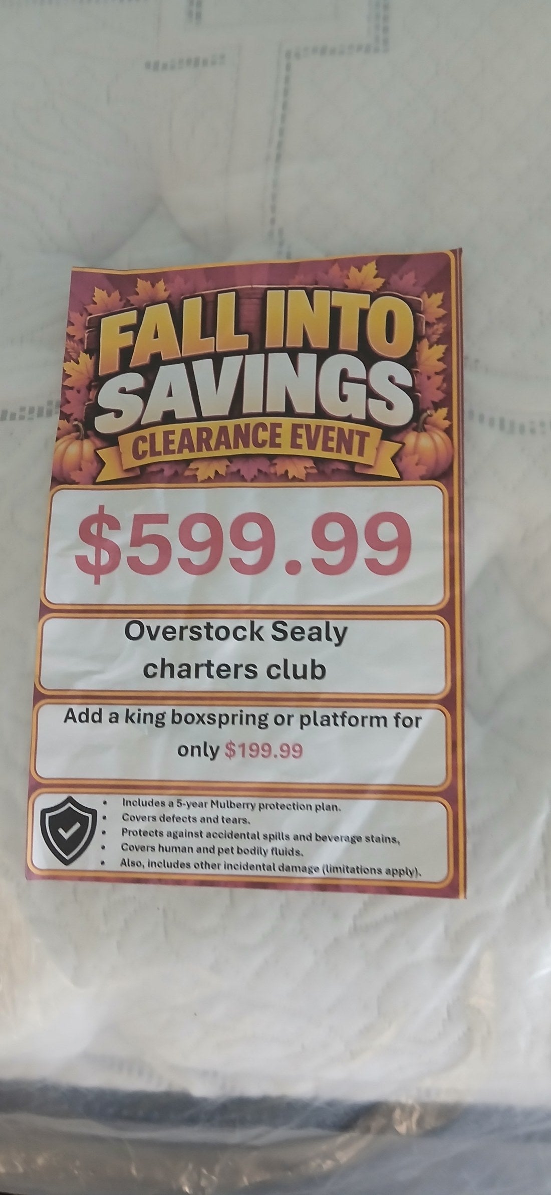 Overstock Sealy Charter Club King Mattress - price tag close-up