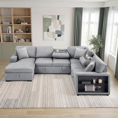 Pompano Sectional with Left Chaise, Pull-out Bed, Hidden Storages and Shelves, Charging Ports