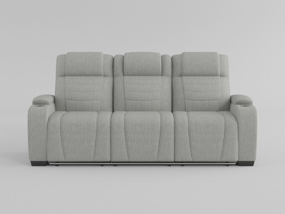 Ronan Double Reclining Sofa with Center Drop-Down Cup Holders, Storage Arms, Cup Holders, Reading Lights, Magazine Bag, Receptacles, Charging Ports and LED video