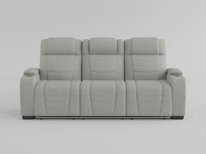 Ronan Double Reclining Sofa with Center Drop-Down Cup Holders, Storage Arms, Cup Holders, Reading Lights, Magazine Bag, Receptacles, Charging Ports and LED video