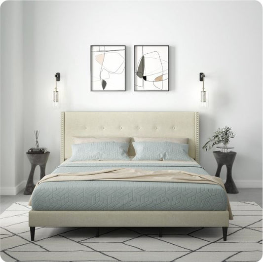MCM Wingback Queen Platform Bed (Beige)